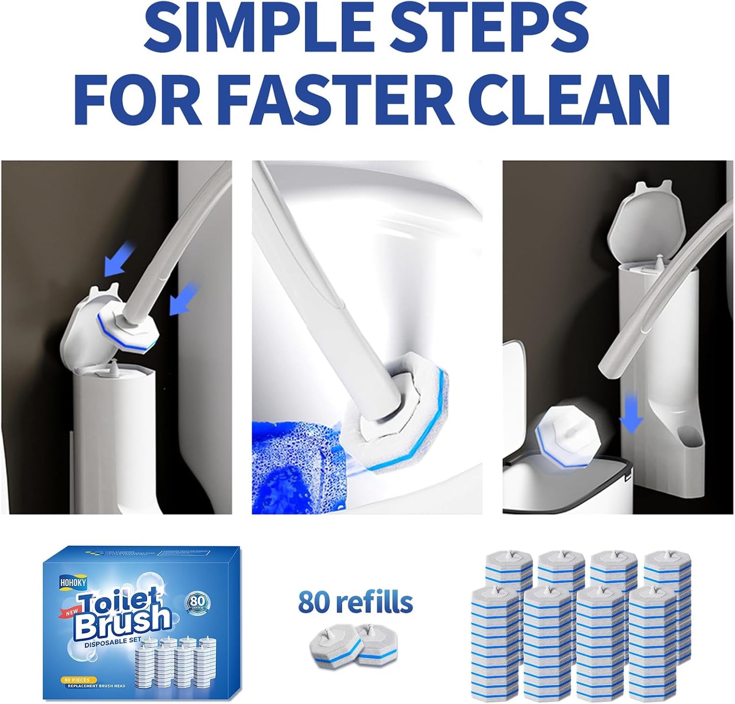 Hohoky Disposable Toilet Brush Cleaning System, Two Sets of Wands and 60p Refills Pads Replacement Heads, Wall Mounted Toliet Stick Wand Starter Kit Bathroom Maintenance, Toilet Bowl Cleaner Holder