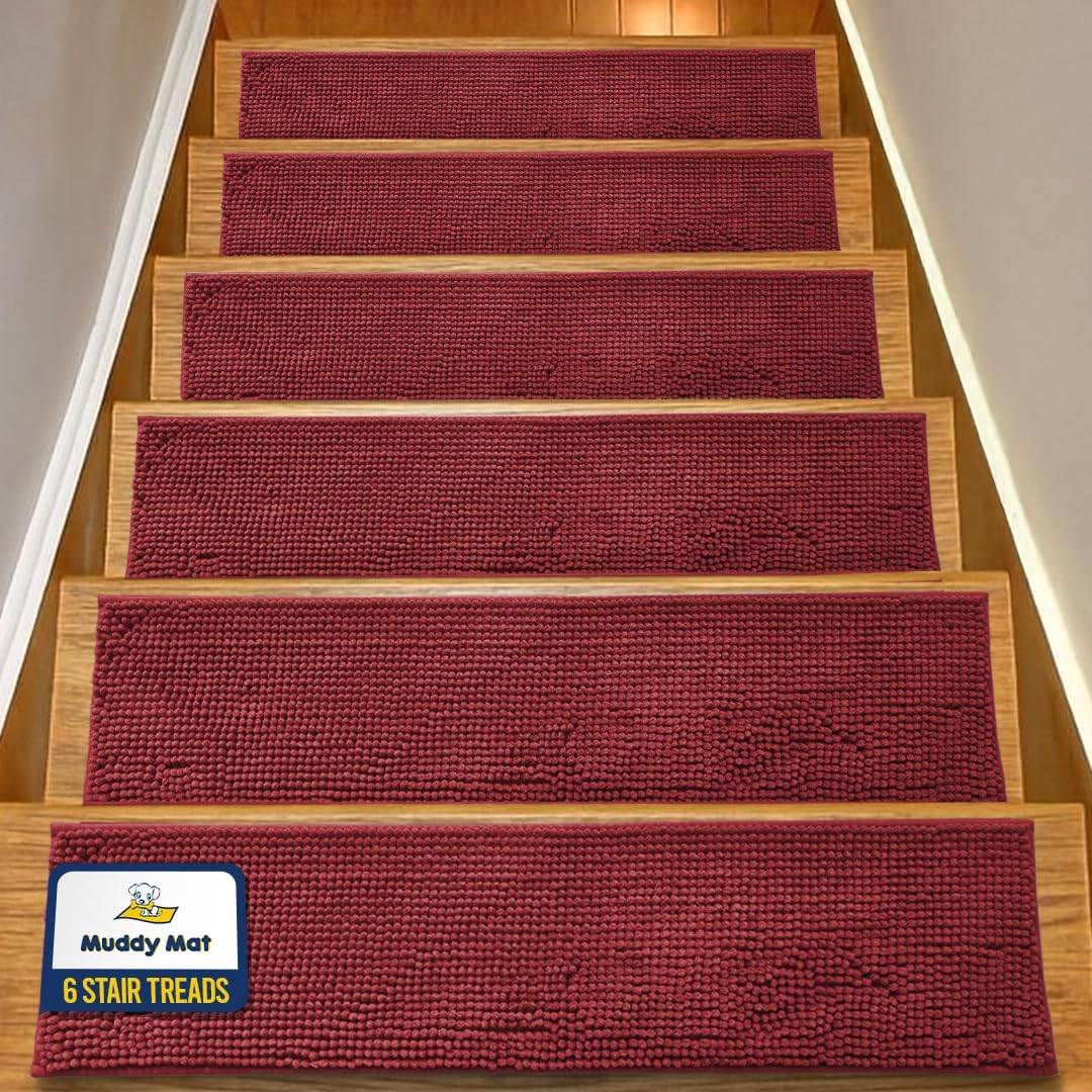 Muddy Mat® Pack of 4 - Soft Chenille Stair Treads Non-Slip Reusable, Super Absorbent Stair Treads for Wooden Steps, Tile & Marble Floor, Easy to Install & Machine Washable - Brown 30'' x 7''