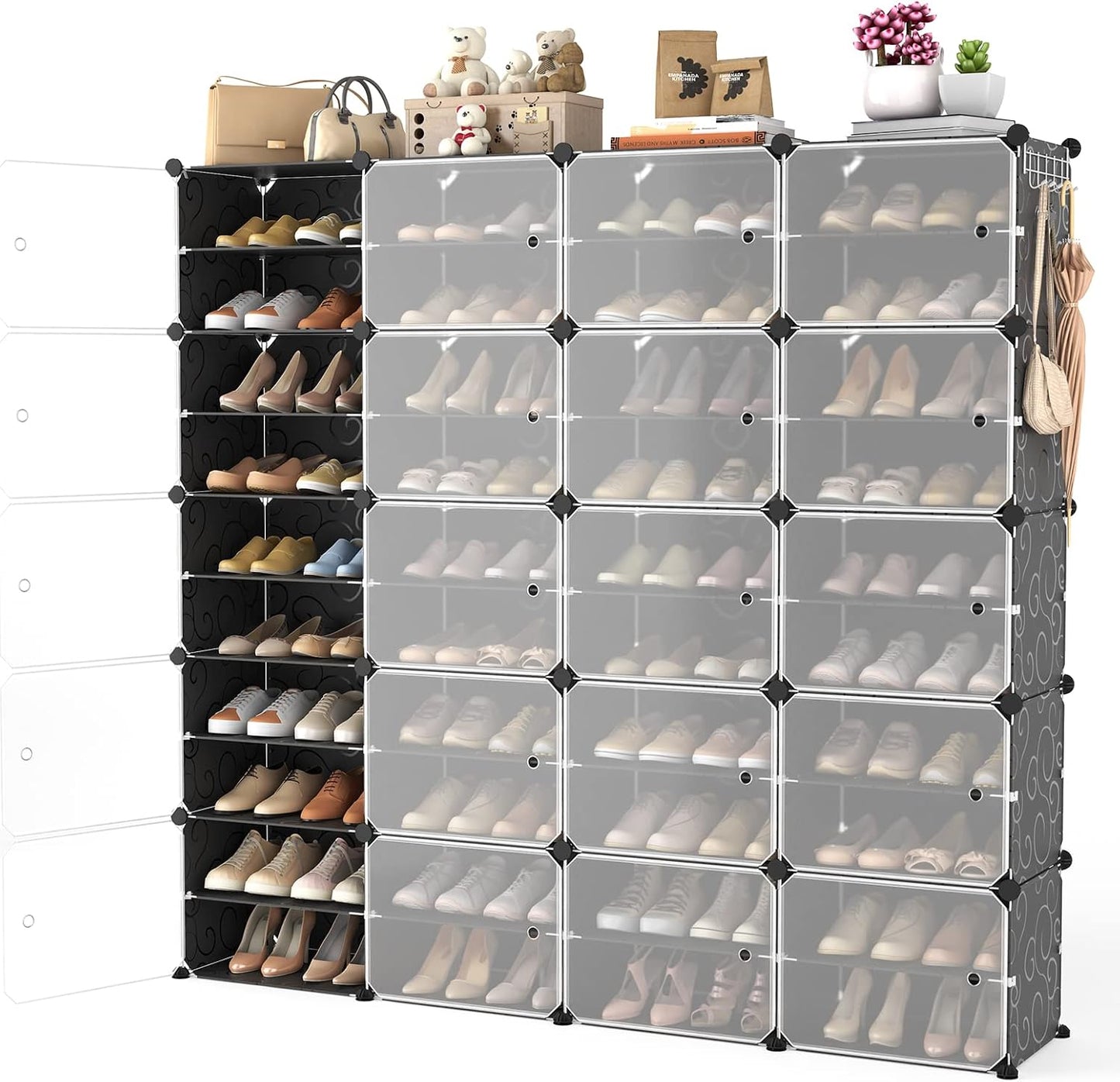 Portable Shoe Rack Organizer with Door, 96 Pairs Shoe Storage Cabinet Easy Assembly, Plastic Adjustable Shoe Storage Organizer Stackable Detachable Free Standing DIY Expandable 12 Tier Black