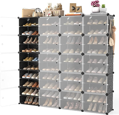 Portable Shoe Rack Organizer with Door, 96 Pairs Shoe Storage Cabinet Easy Assembly, Plastic Adjustable Shoe Storage Organizer Stackable Detachable Free Standing DIY Expandable 12 Tier Black