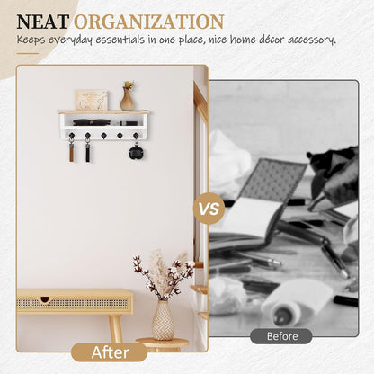 Nekon Key Holder Wall Mount, Wall Organizer Shelf with 5 Key Hooks, Room Decor for Home and Apartment Essentials, White