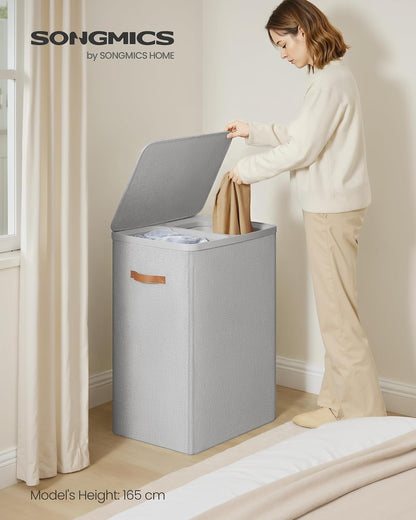 SONGMICS Laundry Basket, 50.2 Gal. Laundry Hamper, 3 Compartments, Easy Assembly, with Lid and Handles, Removable Liners, 25.2 x 15.7 x 29.5 Inches, Cappuccino Beige ULCB814LH01