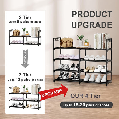 3 Row 4 Tier Long Shoe Rack, Black Metal Stackable Shoe Shelf with Multifunctional Hooks, Shoe Storage Hold 24-30 Pairs, Space Saving Shoe Organizer for Closet,Wide Shoe Rack