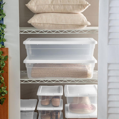 Sterilite 6 Pack Storage Box, 41 Quart Stackable Tote, Clear Plastic Container with Secure Snapping White Lids for Home and Office Organization