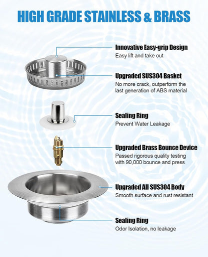 Kitchen Sink Drain Strainer Stainless Steel Stopper Anti-Clog Basket | 3-in-1 design, pop-up button for easy use, all metal heavy duty, anti-clogging