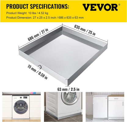 VEVOR 32 x 30 x 2.5 Inch Washing Machine Pan 18 GA Thickness Galvanized Steel Heavy Duty Compact Washer Drip Tray with Drain Hole & Hose Adapter