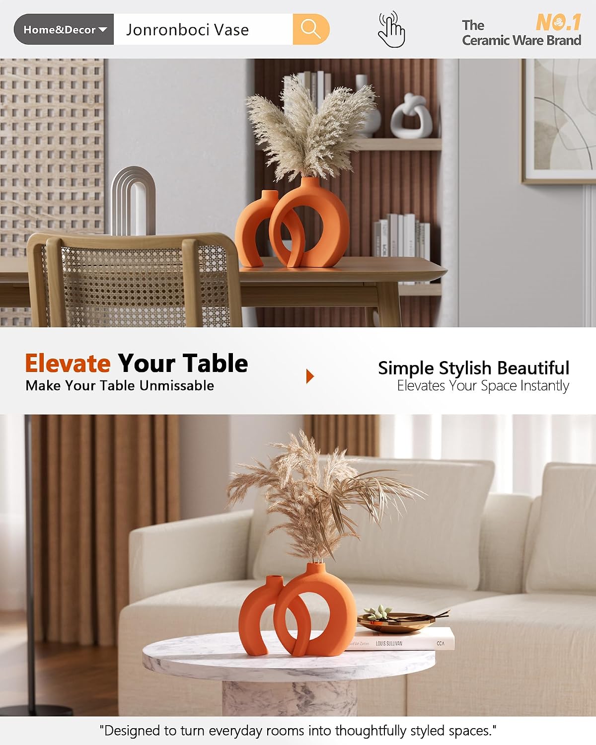7.2″Hx8.9″H Donut Shape Decorative Vase Set of 2, Ceramic, Modern Minimalism Styles, Flowers or Plant Table Vases for Home Decor Living Room Shelf Entry Console Mantle Dining Centerpiece (Matte White)