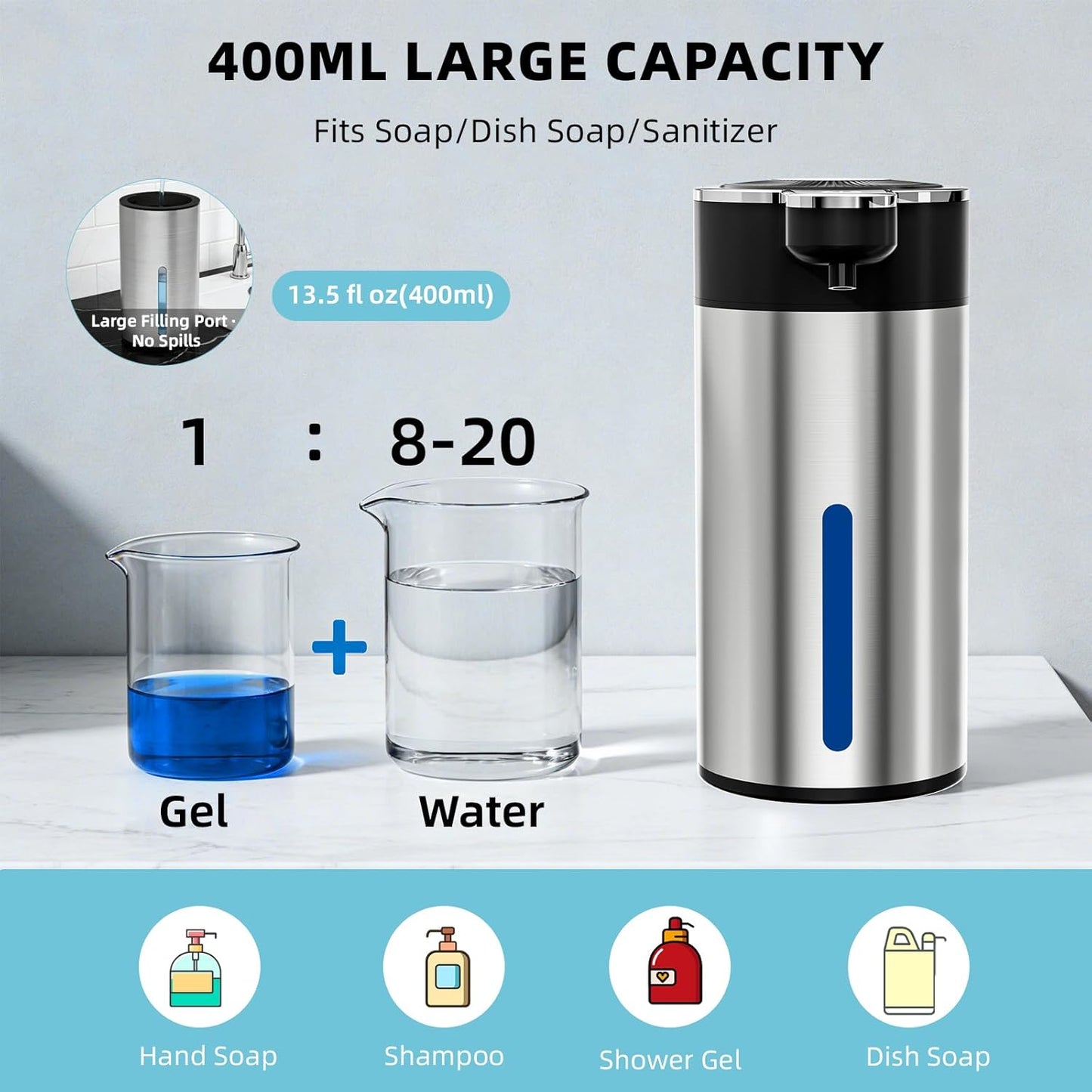 Automatic Foaming Soap Dispenser Touchless, Clog-Free Pump, 0.2s Fast Sensor, USB-C Rechargeable &13.5 oz/400ml Rechargeable, 4 Adjustable Liquid Levels, IPX5 Waterproof,Level Display
