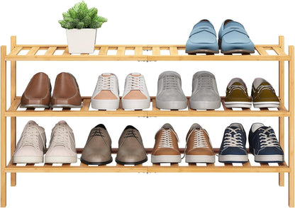 BMOSU 2-Tier Bamboo Small Shoe Rack Premium Stackable Shoe Shelf Storage Organizer for Hallway Closet Living Room Entryway Organizer (Black Bamboo)