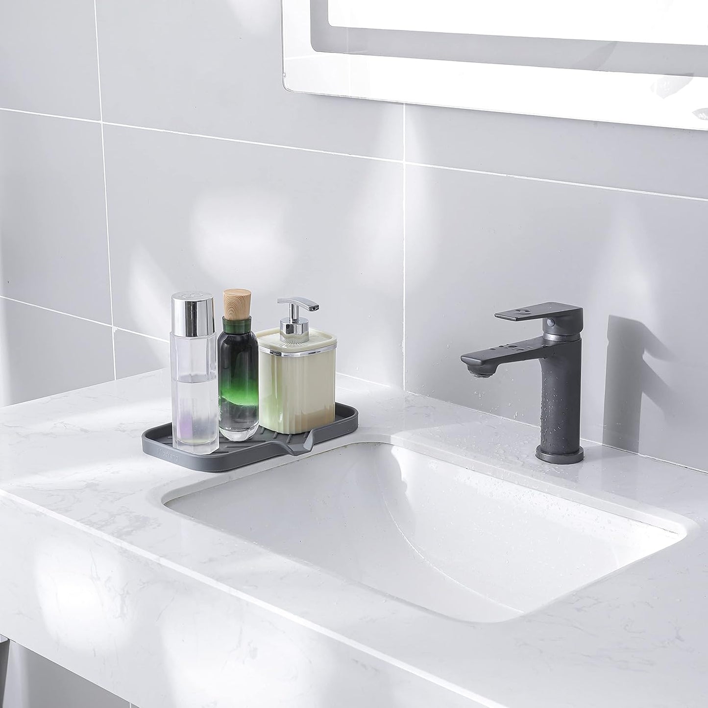 MicoYang Silicone Bathroom Soap Dishes with Drain Spout-Bathroom and Kitchen Sink Organizer,Sponge Holder,Dish Soap Tray,Perfect for Dispenser,Scrubber,Bottle,Cup on Sink or Counter-Coffee 4.9"×3.2"