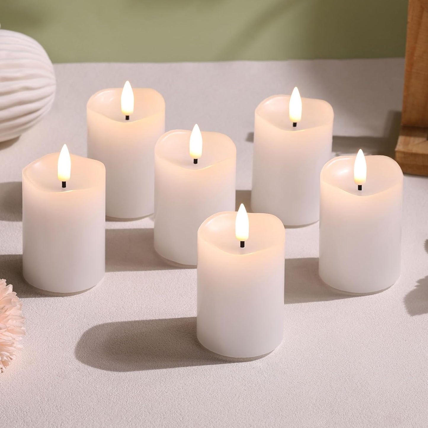 Ivory Flameless Votive Candles with Remote Batteries, Small 2x3 inch LED Wax Pillar Candles Flickering Set of 6