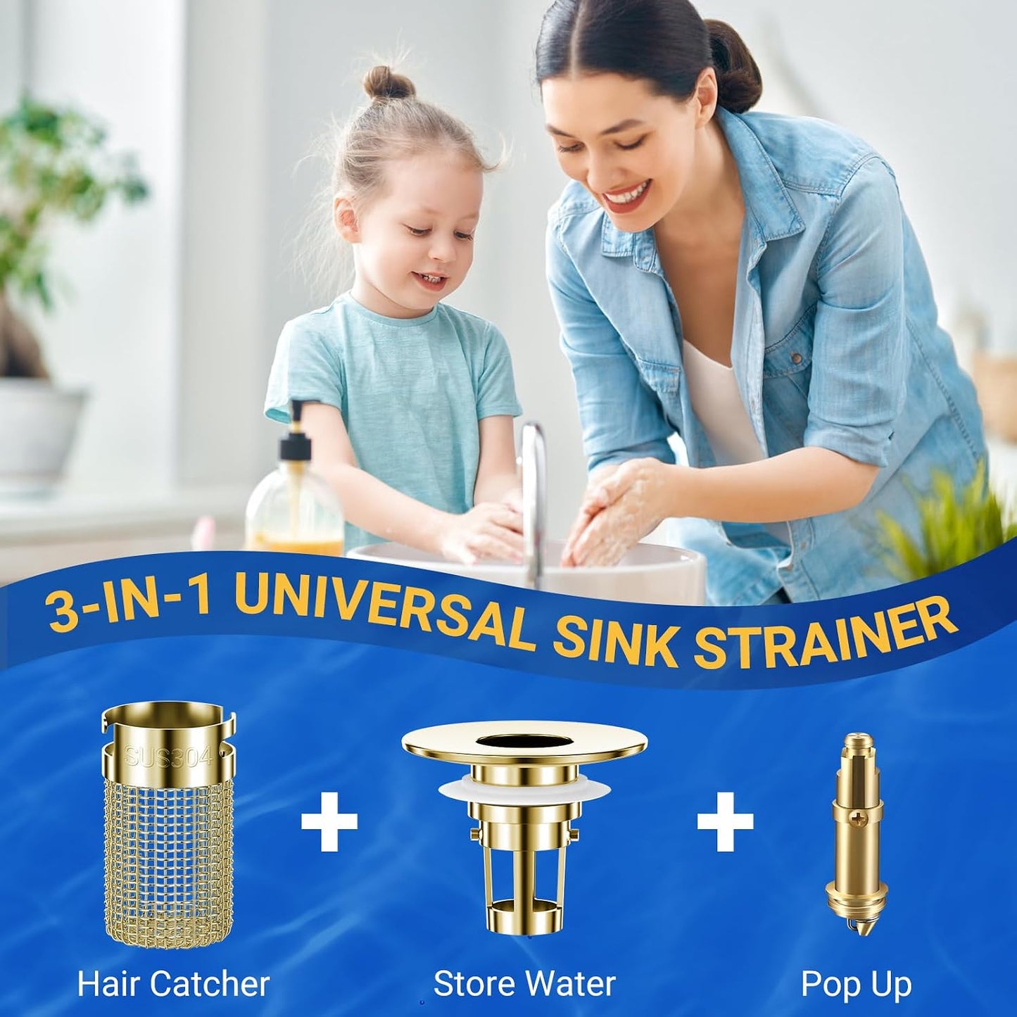 2PCS Bathroom Sink Stopper Strainer, Pop-Up Bathroom Sink Drain Strainer with Removable Stainless Steel Hair Catcher Basket, Universal Fit for US Bathroom Sinks, Bathtubs, Showers & Floor Drains