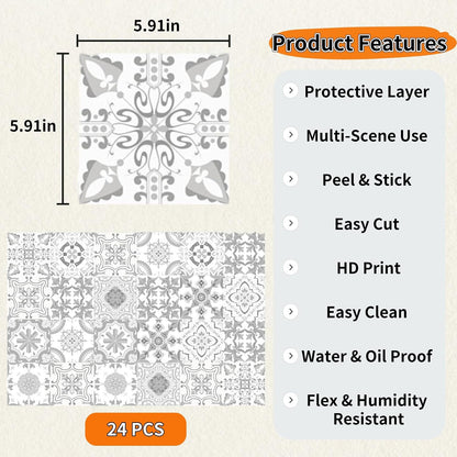 PVC Peel and Stick Tile Stickers 24Pcs Waterproof Removable Backsplash Wall Decals Self-Adhesive Subway Stickers for Kitchen Bathroom RV Instant DIY Upgrade Sticker (Style D, 3.94 x 3.94 Inch)