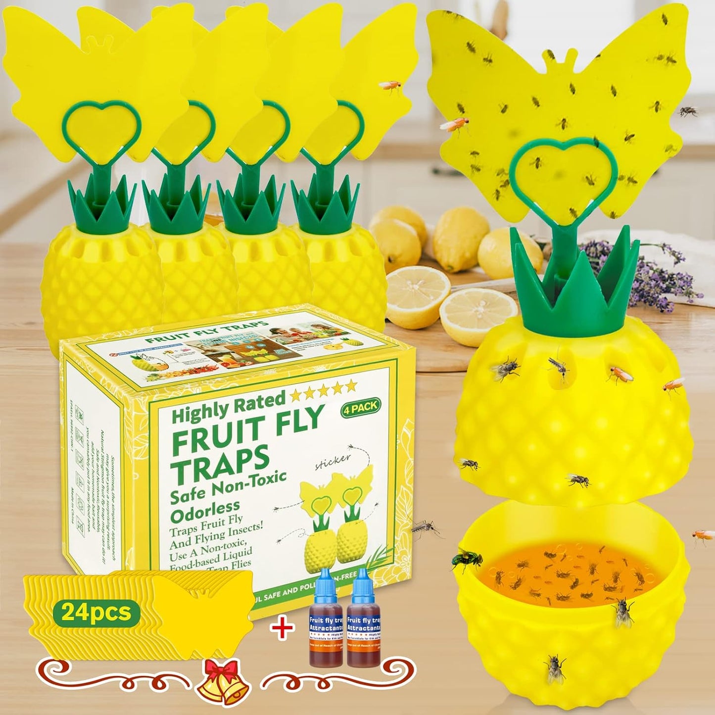 Fruit Fly Trap for Indoors, Effective Fruit Fly Catcher Gnat Killer with Sticker, Gnat Traps for House Indoor with Bait, Non-Toxic Reusable Easy to Use Fly Trap for Kitchen Home - 2 Pack, Clear Yellow