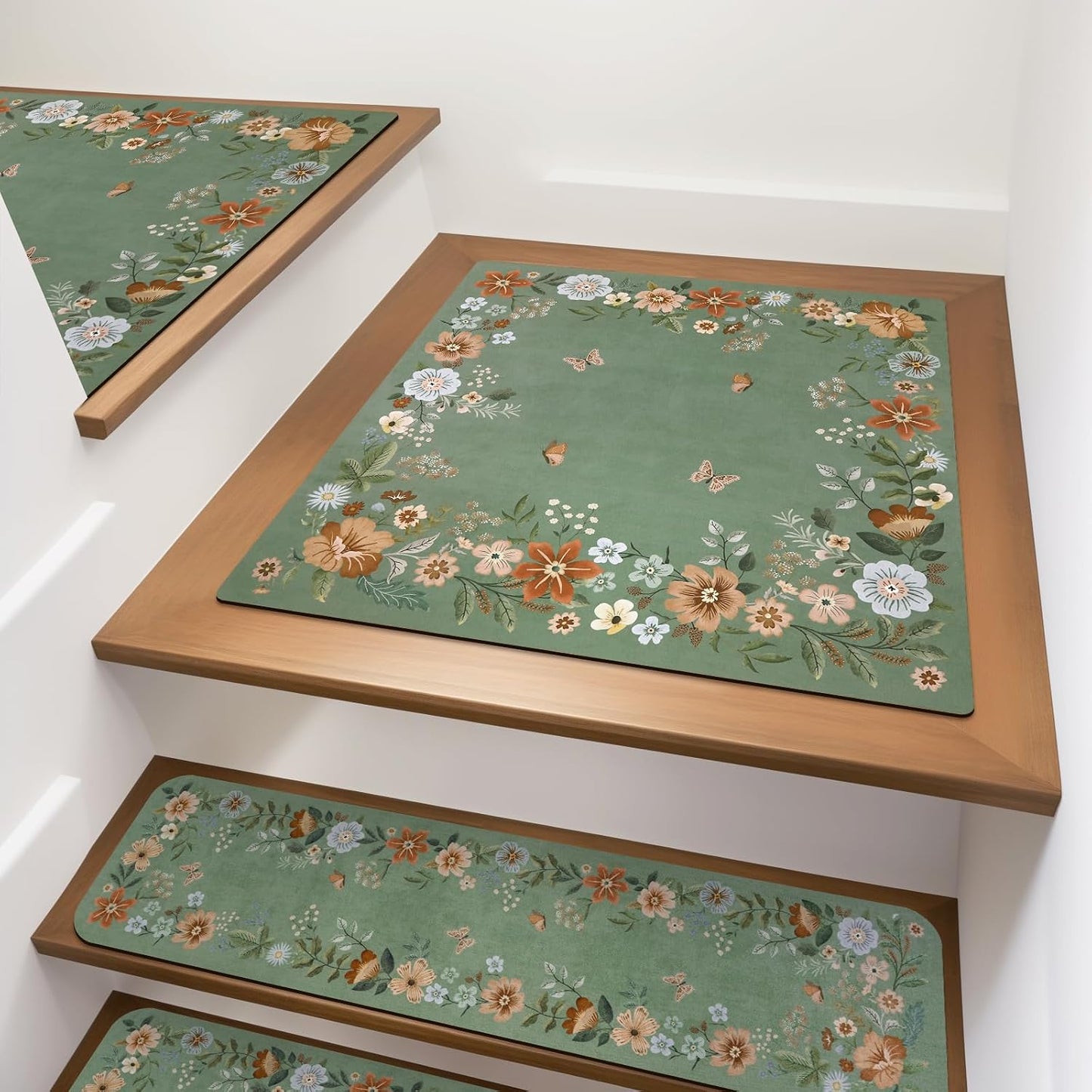 OJIA Floral Stair Treads Non-Slip Carpet Stair Treads for Wooden Steps Indoor 15PCS 30"x8" Stair Runner Stair Mats Staircase Step Treads for Kids, Elders and Dogs, Stair Covers, Black