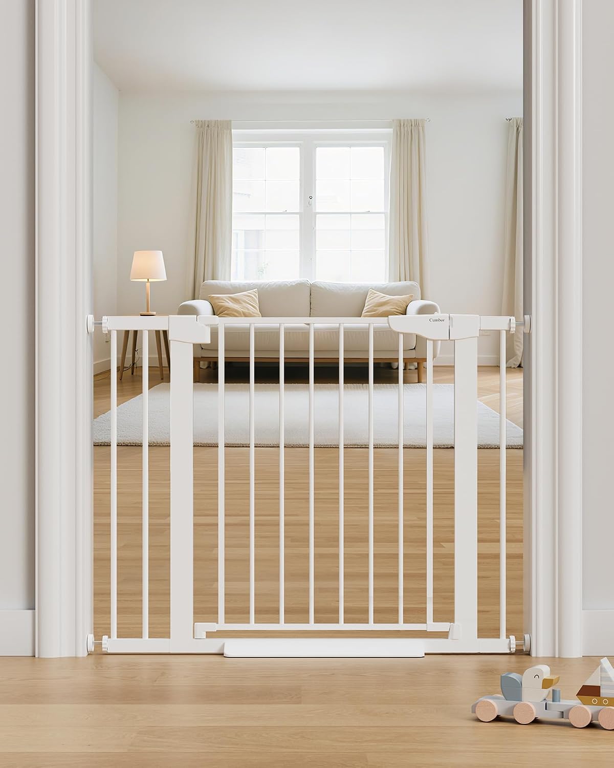 Cumbor 29.7-48" Baby Gate for Stairs, Mom's Choice Awards Winner-Dog Gate for Doorways, Auto Close Safety Pet Gate for Dogs Indoor, Easy Install Pressure Mounted Child Gate with Walk Thru Door, Brown