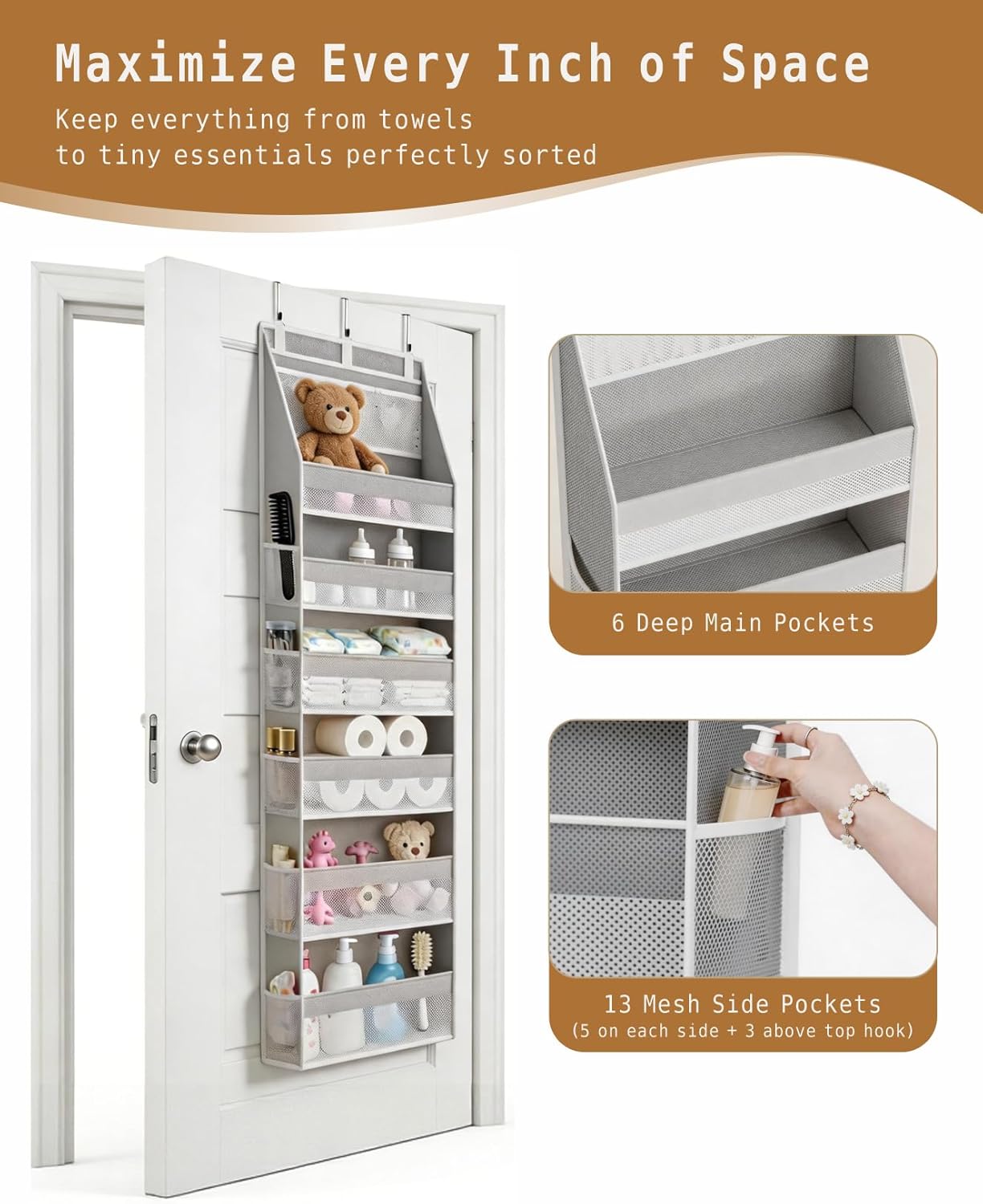 KMSCO Over The Door Organizer, 6 Large Pockets + 13 Mesh Side Pockets, Hanging Storage, 55lbs Capacity, Heavy Duty Non-Woven Fabric for Baby Nursery, Bathroom, Pantry, Closet, Beige, 1 Pack