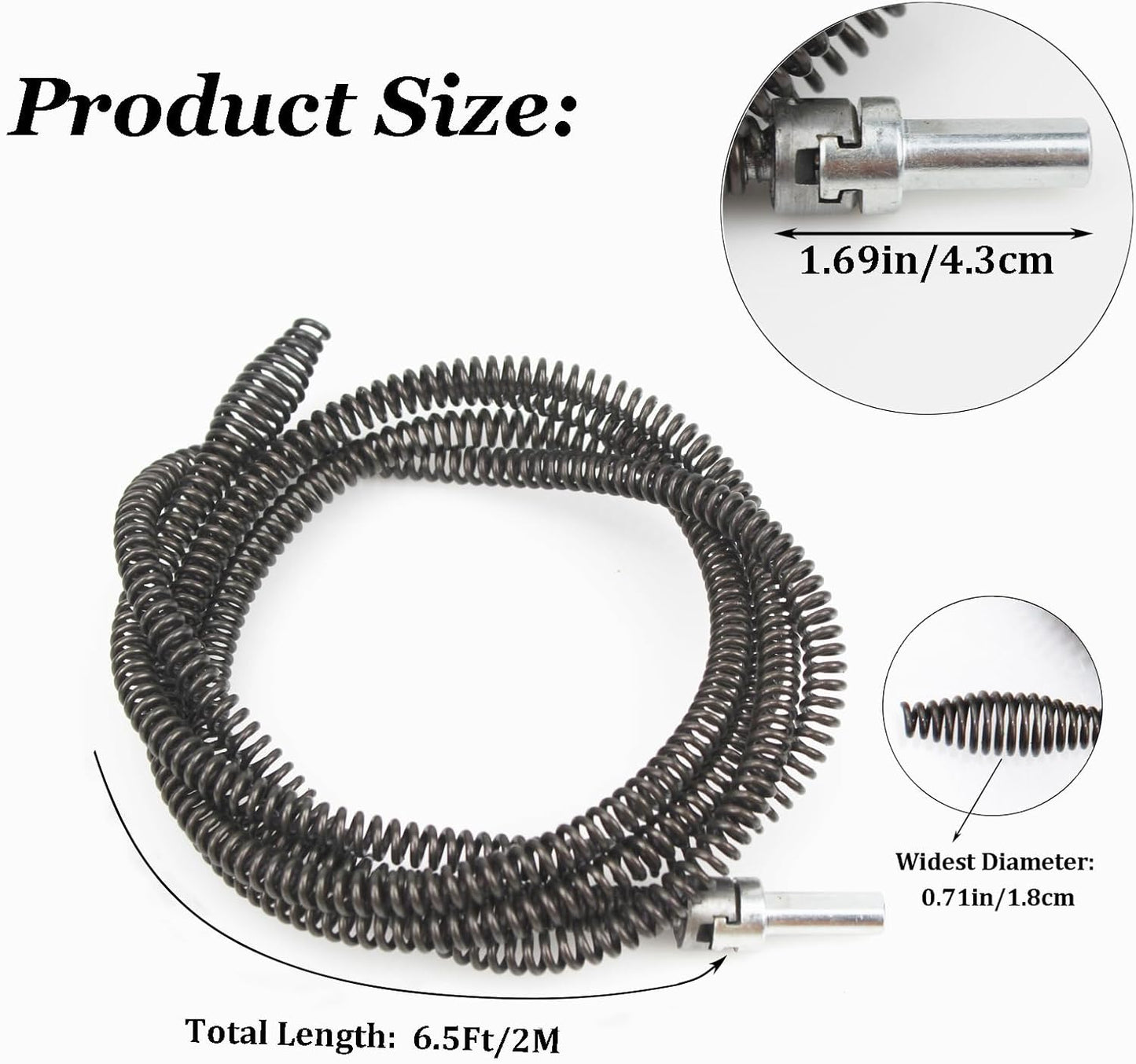 10mm Heavy-Duty Drain Auger Snake Cable with Drill Adapter - 6.5Ft/2M Flexible & Reusable Plumbing Clog Remover for Kitchen, Bathroom, Toilet, Shower Sink & Pipe