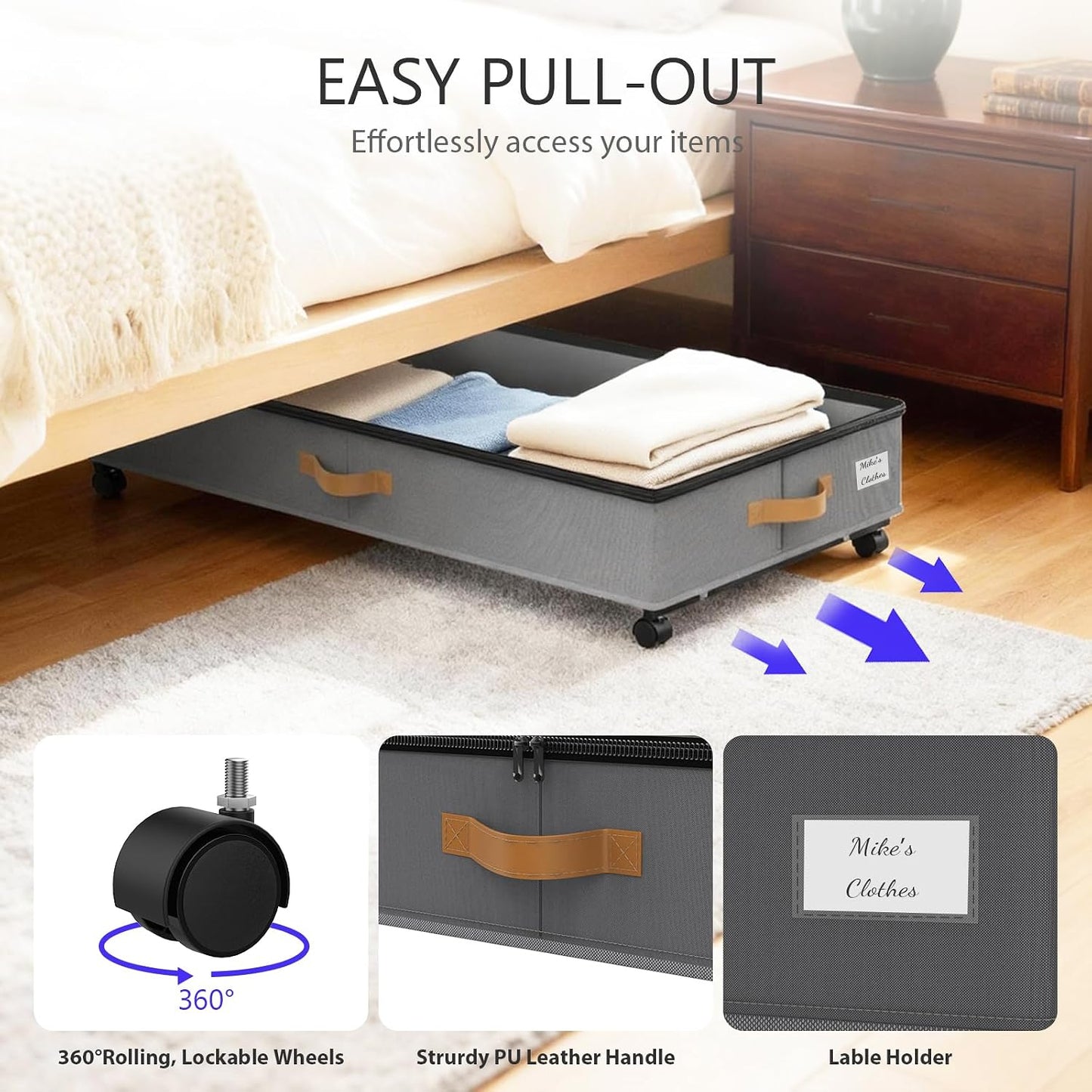 Under Bed Storage with Wheels 2-Pack, 75L XXL Under the Bed Storage Containers Large, 12" Tall Adjustable Storage for Underbed with Lids, Rolling for Clothes, Shoes, Blankets (Black)