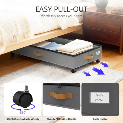 Under Bed Storage with Wheels 2-Pack, 75L XXL Under the Bed Storage Containers Large, 12" Tall Adjustable Storage for Underbed with Lids, Rolling for Clothes, Shoes, Blankets (Black)