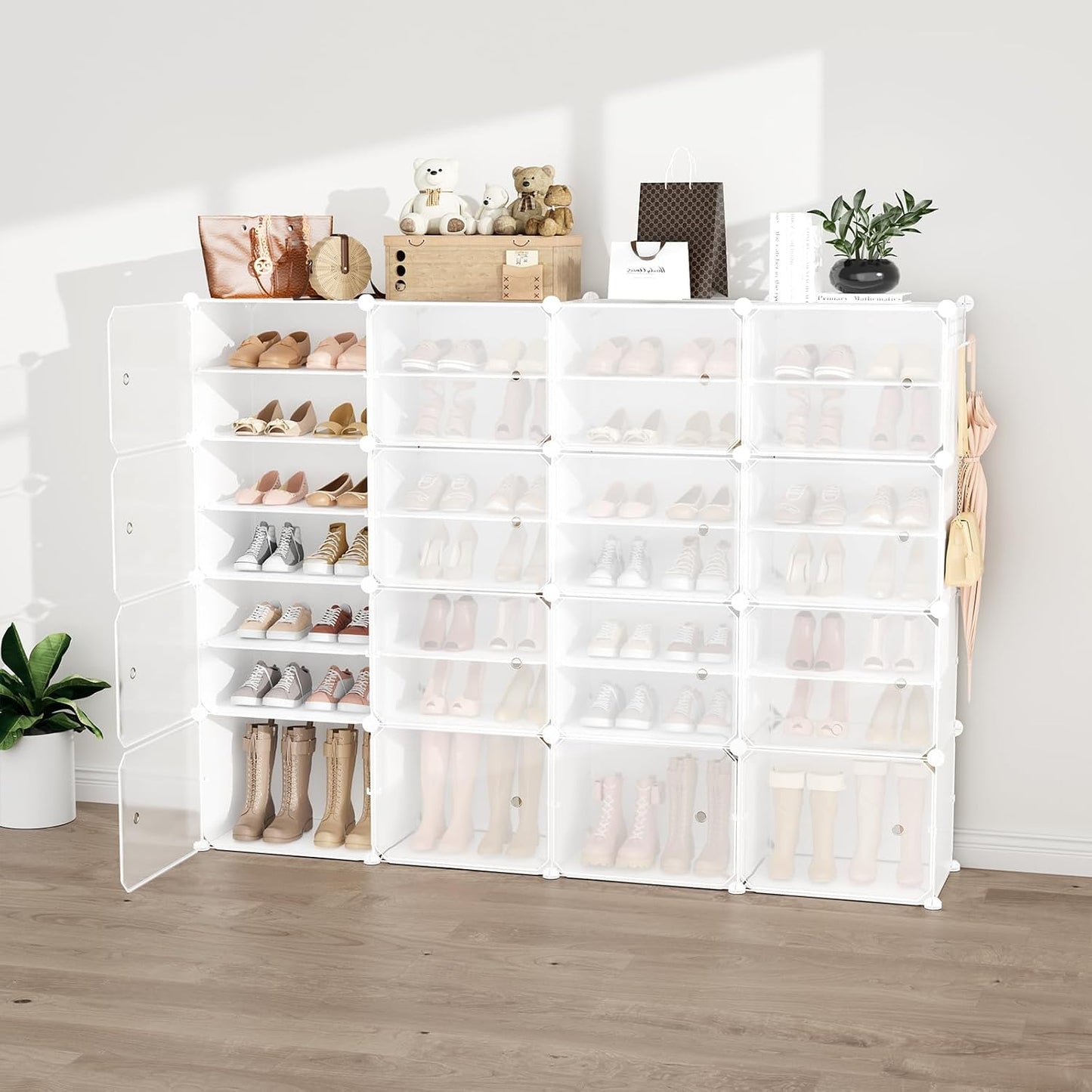 Portable Shoe Rack Organizer with Door, 96 Pairs Shoe Storage Cabinet Easy Assembly, Plastic Adjustable Shoe Storage Organizer Stackable Detachable Free Standing DIY Expandable 12 Tier Black