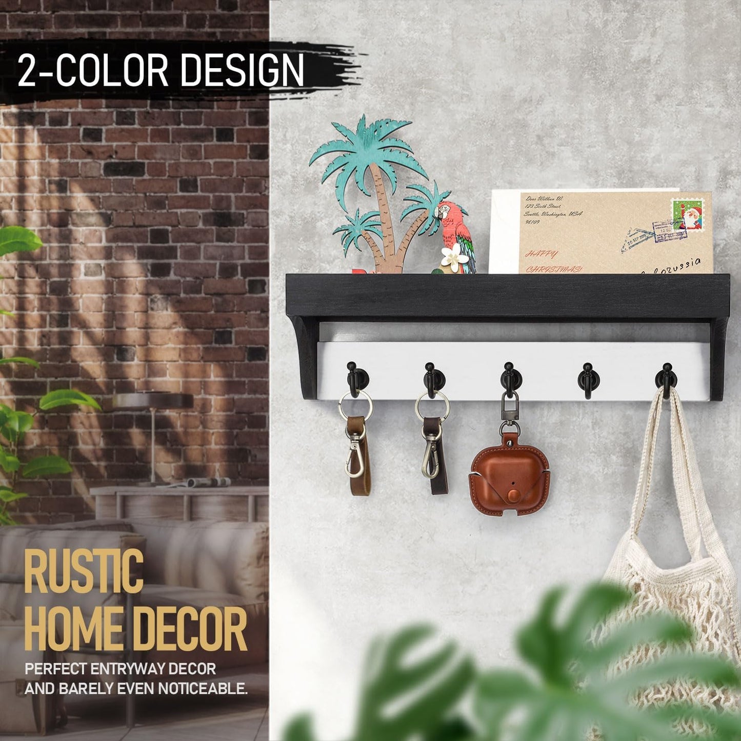 Rebee Vision Farmhouse Key Holder for Wall - Decorative Wooden Mail Organizer with 5 Rustic Key Hooks and Floating Shelf for Home Decor, Hallway, Entryway, Appartment (Retro Brown)