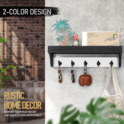 Rebee Vision Farmhouse Key Holder for Wall - Decorative Wooden Mail Organizer with 5 Rustic Key Hooks and Floating Shelf for Home Decor, Hallway, Entryway, Appartment (Retro Brown)