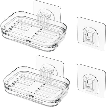Bar Soap Dish 2 Pack,Self Draining Soap Holder for Shower,Wall Mounted Soap Saver with Strong Adhesive, No Drilling Clear Plastic Holder for Bathroom Storage & Kitchen Sink Organizer,Keeps Soap Dry
