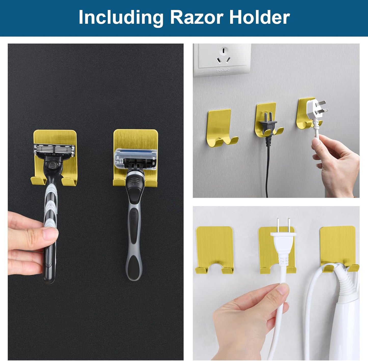 Diesisa Razor Holder for Shower + Adhesive Wall Hooks, Premium 304 Stainless Steel Shower Razor Holder with Heavy Duty Waterproof Sticky Hooks for Hanging Towels, Coat, hat (2+2 Pack)