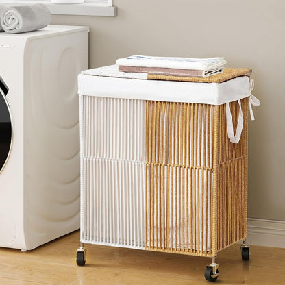 WOWLIVE Laundry Hamper with Wheels, 160L Handwoven Rolling Laundry Basket 3 Section with Lid, Clothes Hamper with Removable Liner Bags, Large Capacity Laundry Sorter Laundry Room Organization, Natural