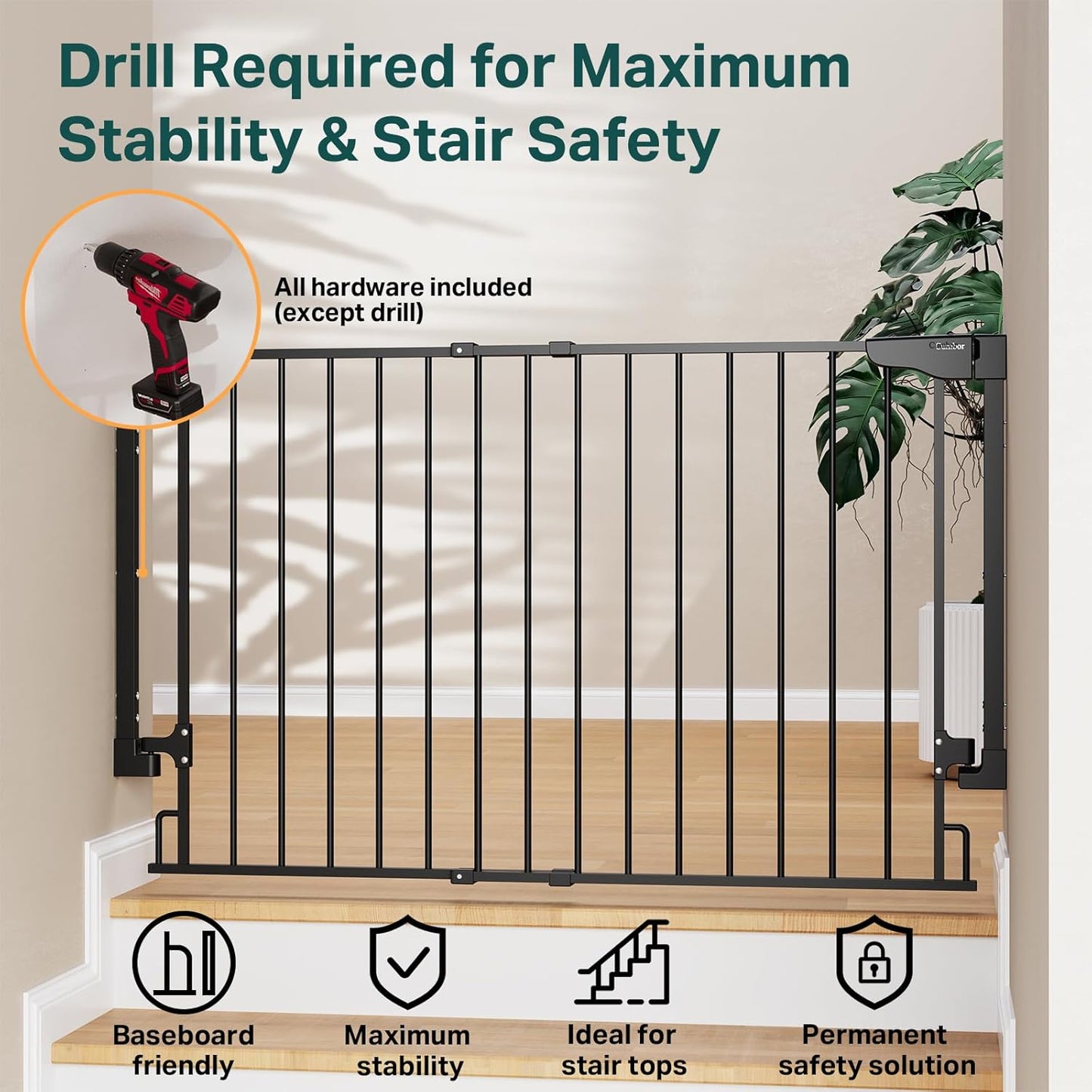 Cumbor 29.2–43" Baby Gate for Stairs, Hardware Mounted (Drill Required), Expandable No Bottom Bar Dog Gate, Auto Close Extra Wide Walk Thru, Pet & Toddler Proof Gate, Top & Bottom of Stairways (White)