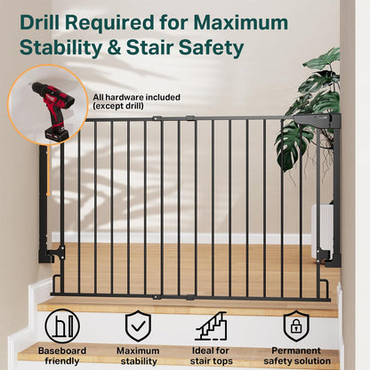 Cumbor 29.2–43" Baby Gate for Stairs, Hardware Mounted (Drill Required), Expandable No Bottom Bar Dog Gate, Auto Close Extra Wide Walk Thru, Pet & Toddler Proof Gate, Top & Bottom of Stairways (White)