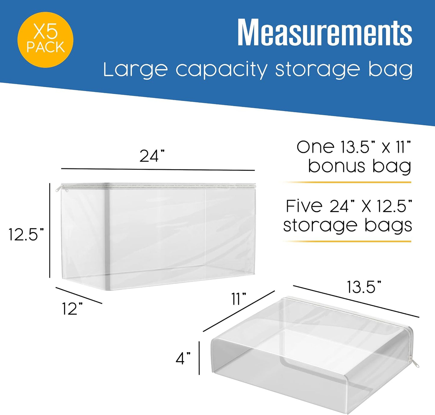Houseables Sweater Bags Moth Proof, Clothing Storage Bags, with Zipper, Sweater Storage, Clear Zippered Organizers, Clothes, Blanket, Linen, Bedding, Quilt, Vinyl Plastic Protectors, 18x15x4”, 5 Pack.