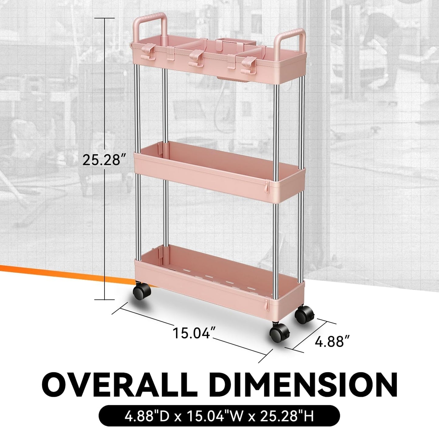 Auto Dynasty 3 Tier Slim Rolling Cart with Handle, Multifunction Utility Storage Rolling Cart, Movable Storage Organizer with Wheels for Office, Bathroom, Kitchen, Narrow Places (White)