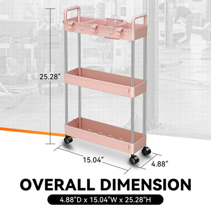 Auto Dynasty 3 Tier Slim Rolling Cart with Handle, Multifunction Utility Storage Rolling Cart, Movable Storage Organizer with Wheels for Office, Bathroom, Kitchen, Narrow Places (White)