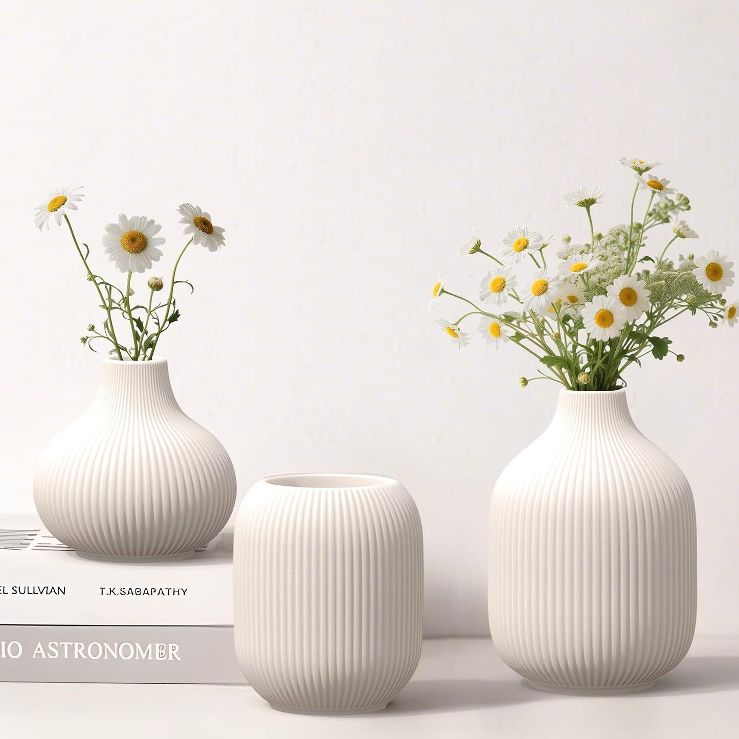 White Ceramic Flower Vases Set of 3, Modern Matte Vertical Ribbed, Nordic Minimalist Decor for Pampas, Dried & Fresh Flowers, Centerpiece for Living Room, Shelf, Entryway, Wedding,Office