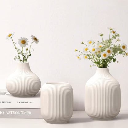White Ceramic Flower Vases Set of 3, Modern Matte Vertical Ribbed, Nordic Minimalist Decor for Pampas, Dried & Fresh Flowers, Centerpiece for Living Room, Shelf, Entryway, Wedding,Office