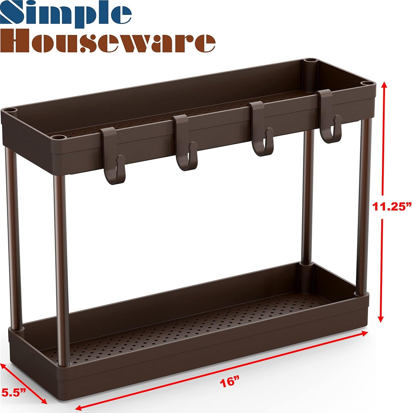 Simple Houseware 2-Tier Under Sink Organizer Storage Tray with Hooks, White