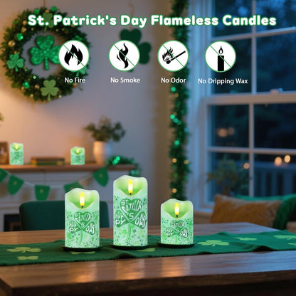 Flameless Candles Lights, Set of 3 Flickering LED Candles with Remote & Timer, Dimmable Electric Pillar Candles Battery Operated, Green Candles for Home St. Patrick’s Day Christmas Decor (Green)