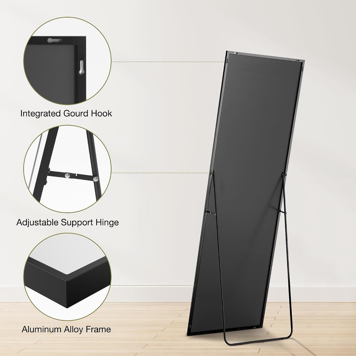 OLIXIS 64"x 21.5" Arched Mirror Full Length, Full Body Mirror with Stand, Hanging or Leaning for Wall, Floor Standing with Shatter-Proof Glass for Bedroom, Living Room, Long, Black