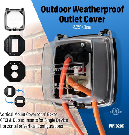 Intermatic WP1020C 2-1/4” Deep Weatherproof Outlet Cover – UV Stabilized Clear, GFCI & Duplex, Vertical Mount, UL Certified – Fits Single Device Only for Larger Double-Gang 4” x 4” Boxes