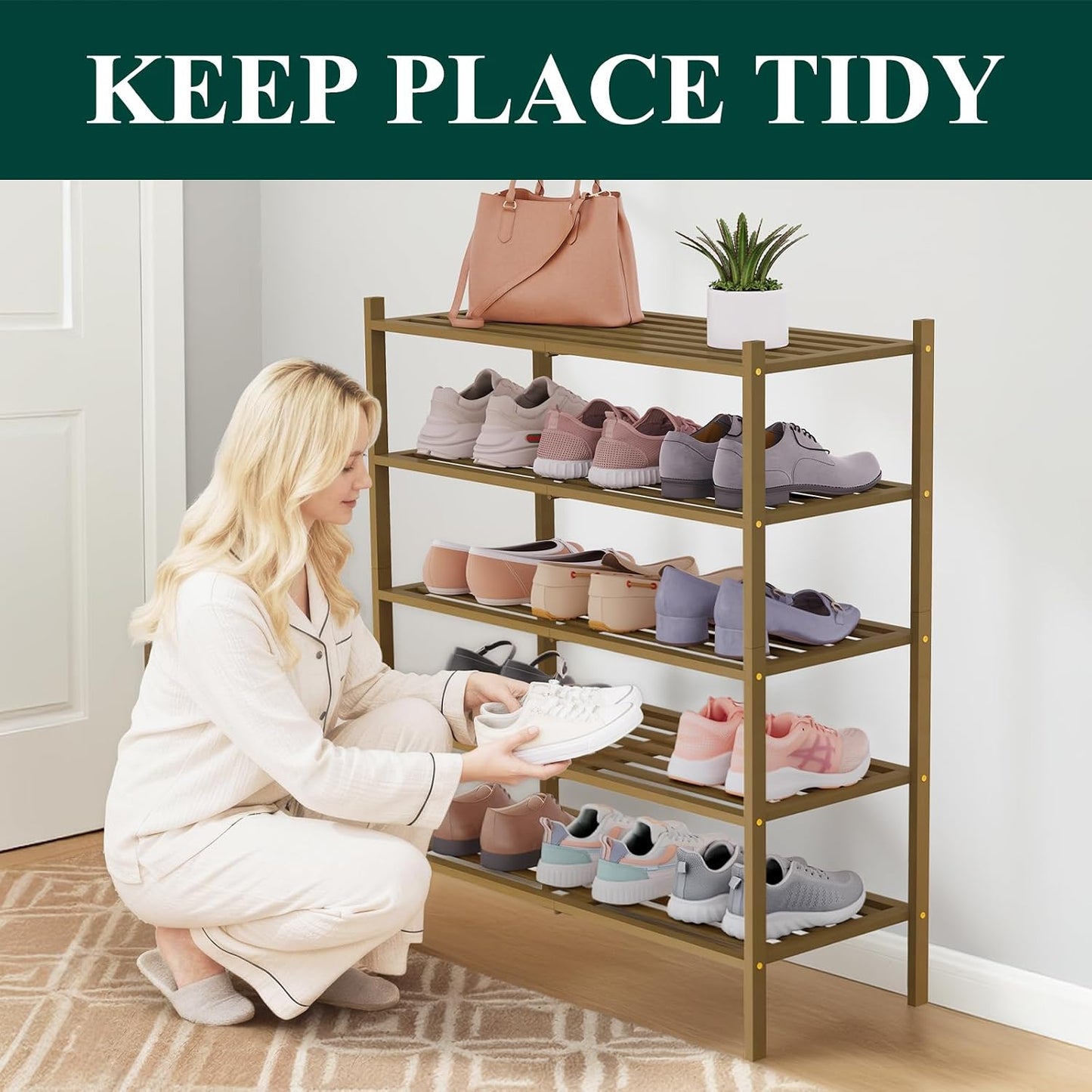 Smiry Bamboo Shoe Rack, 3 Tier Free Standing Wooden Shoe Organizer, Stackable Wood Shoe Storage Shelf for Closet, Entryway, 5 Horizontal Slats, 26.8"x11"x18.3", Natural