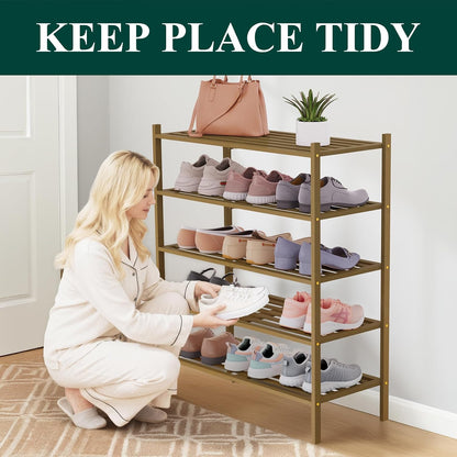 Smiry Bamboo Shoe Rack, 3 Tier Free Standing Wooden Shoe Organizer, Stackable Wood Shoe Storage Shelf for Closet, Entryway, 5 Horizontal Slats, 26.8"x11"x18.3", Natural