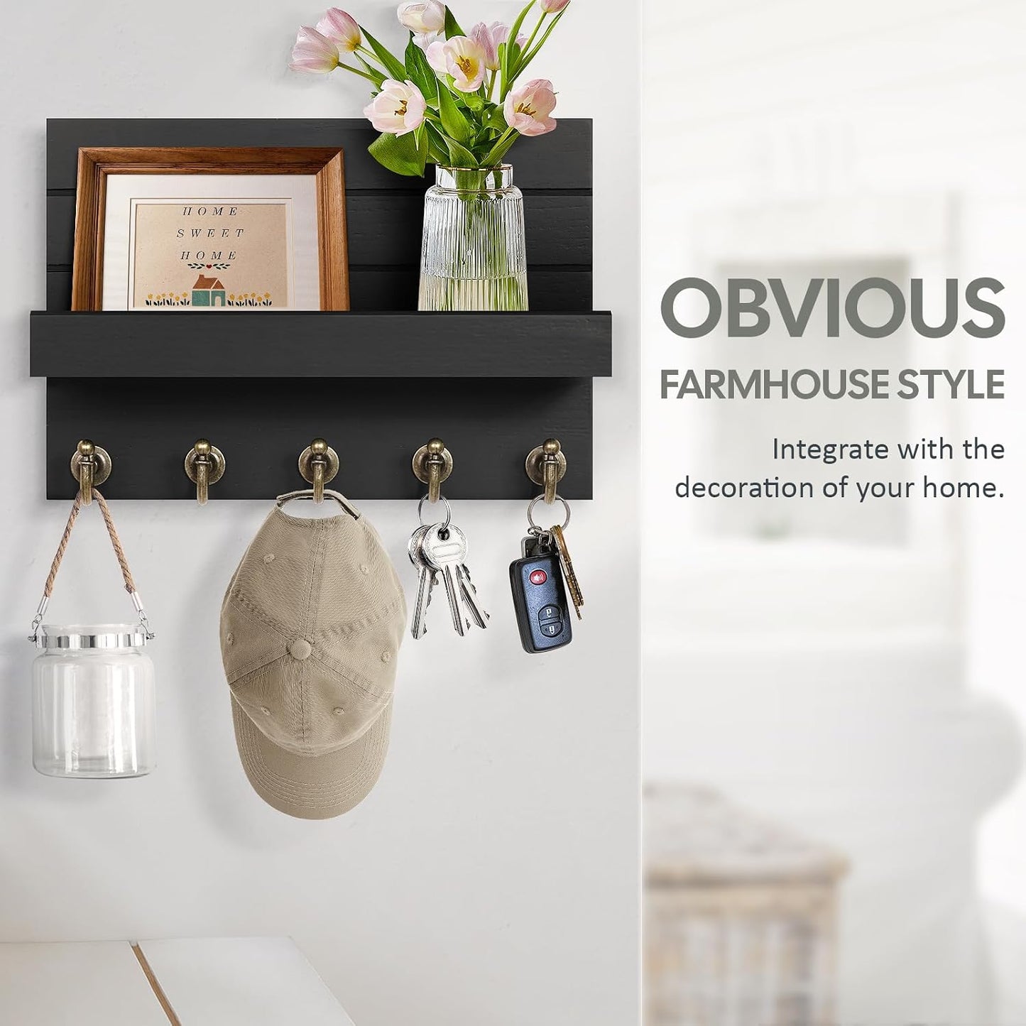 HONJIN Key Holder for Wall: Easy Installation Mail Organizer Wall Mount Hanging Key Rack for Kitchen and Entryway Decor with 5 Sturdy Key Hooks (White)