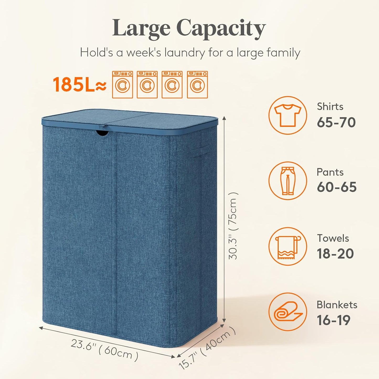 Lifewit 185L 3 Section Laundry Hamper with Lid, Large Laundry Basket with Handles and Removable Bags, Tall Clothes Hamper, Foldable Laundry Sorter for Bedroom Bathroom, Beige