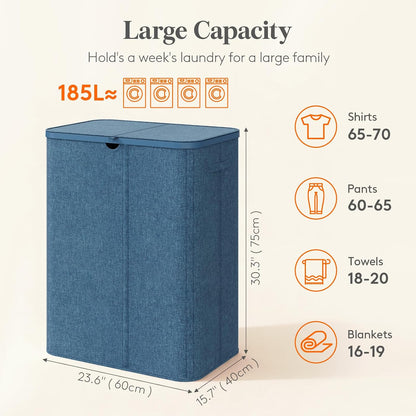 Lifewit 185L 3 Section Laundry Hamper with Lid, Large Laundry Basket with Handles and Removable Bags, Tall Clothes Hamper, Foldable Laundry Sorter for Bedroom Bathroom, Beige