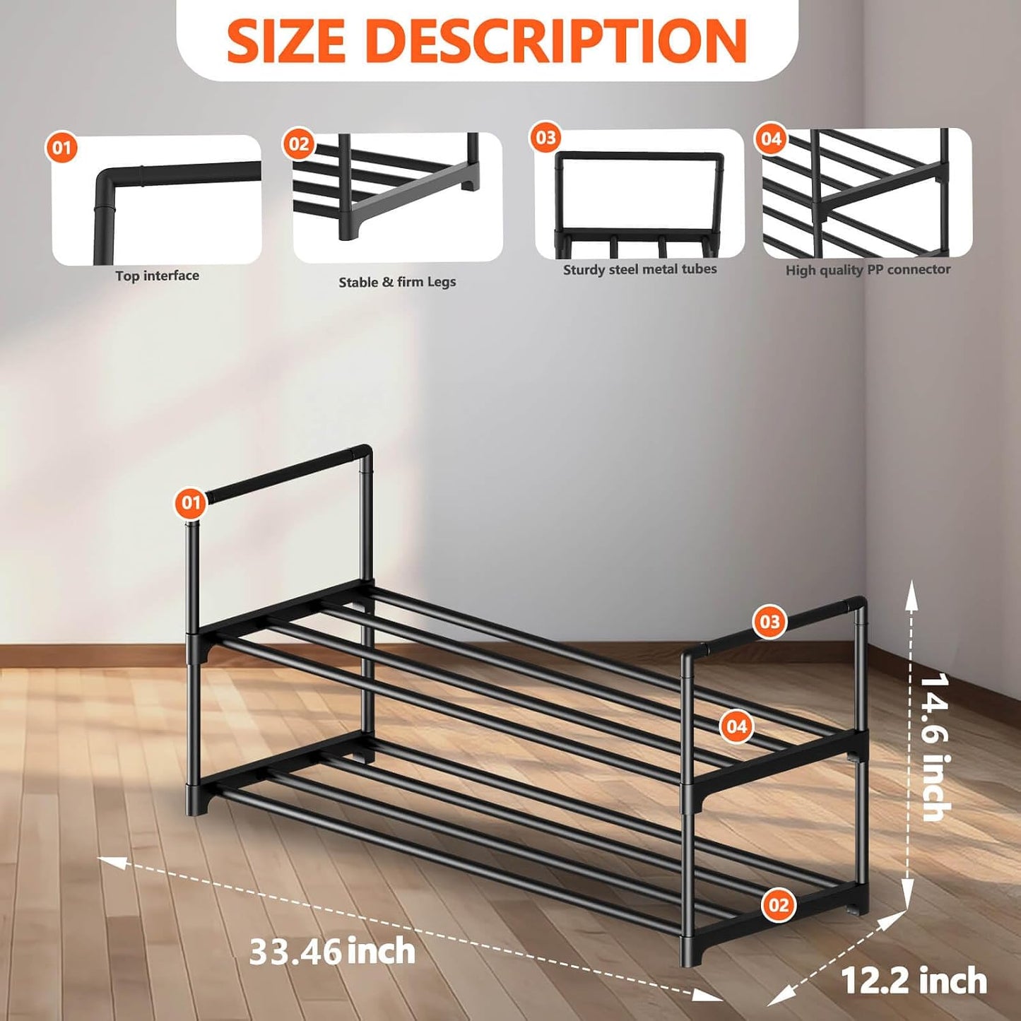Hsscblet 5 Tiers Metal Shoe Rack,Adjustable Shoe Shelf Storage Organizer with Hooks,Stackable Boot & Shoe Storage,for Entryway,Hallway,Closet,Black