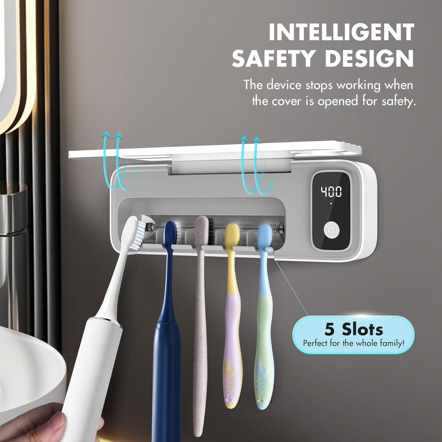 Auntyfey Sanitizeri Toothbrush Cleaner with 5 Slots, Smart Sanitizeri Toothbrush Holder Organizer, Cordless No Drilling Wall Mounted Rechargeable Holders for Bathroom Family, 200/400s Timer Function