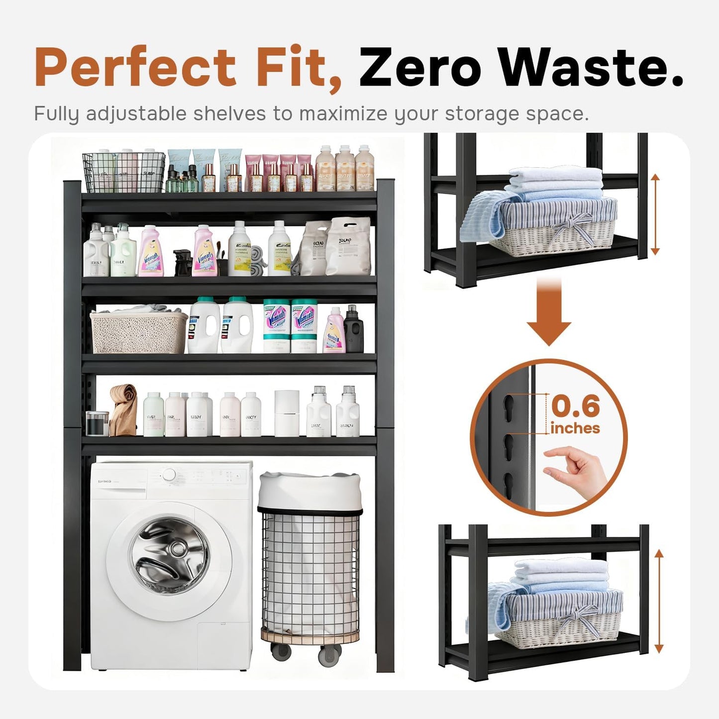 Laundry Room Storage Organizer, Over The Washer and Dryer Storage Shelves for Laundry Organization, 35.4" W x 15.7" D x 71.2" H, Suit Washing Machine Width Within 35.4", Hold 500 lb, Black
