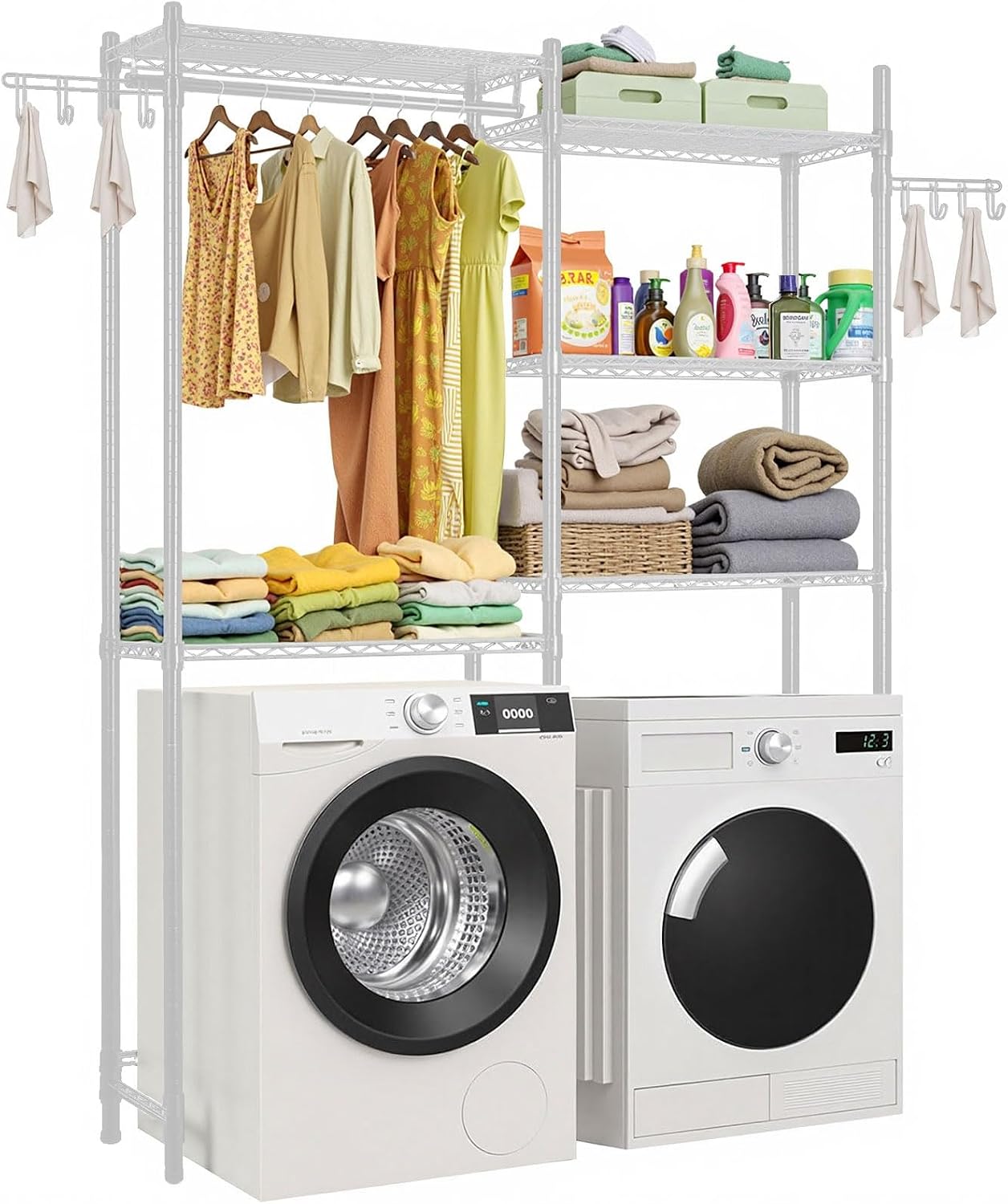 VEVOR Over Washer and Dryer Storage Shelves, 6 Tiers Laundry Room Drying Rack with Hanger Rod and Hooks, Two Rows Adjustable Washer Shelves Space Saver, for Laundry Room Storage & Organization, Black